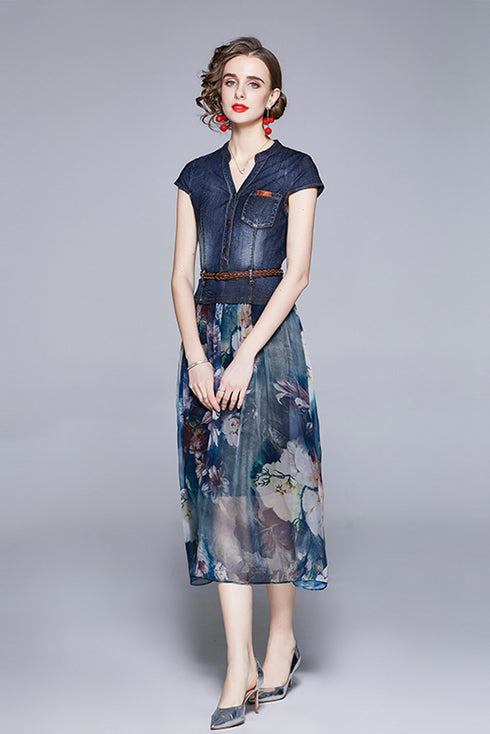 Charming & Vivid High Quality Women Autumn Dress, 2-Piece Set, Belted Denim Top + Chiffon Floral Skirt, Trendy Office & Evening Wear